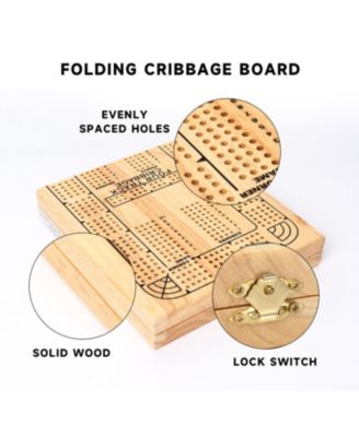 4-Track Wooden Folding Cribbage Board with Playing Card, Metal Pegs and Storage Area for Family Game