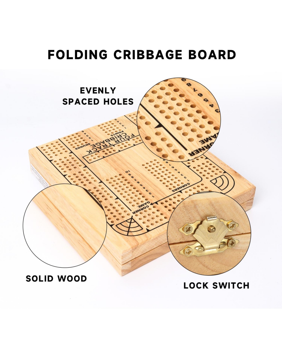 Gse Games & Sports Expert 4-Track Wooden Folding Cribbage Board with Playing Card, Metal Pegs and Storage Area for Family Game