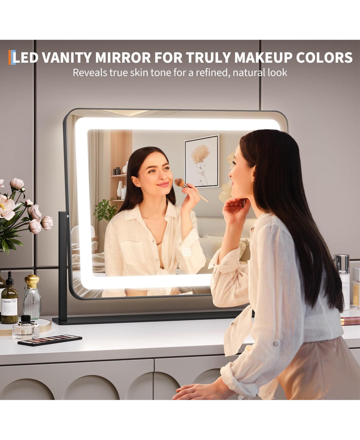 Homfan Led Vanity Mirror, 19.7" x 17.5" Touch Screen Makeup Mirror with 3 Lighting Modes, Adjustable Tabletop Design
