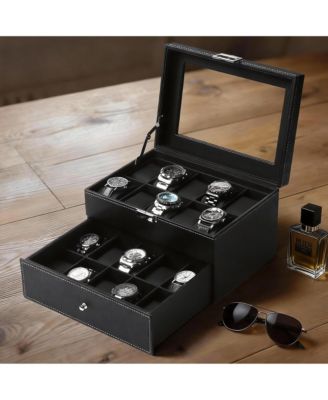 20-Slot PU Leather Watch Box with Clear Glass Lid and Removable Cushions