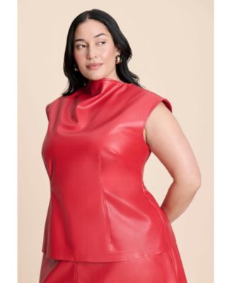 Women's Plus Size Faux Leather Top With Dramatic Neck