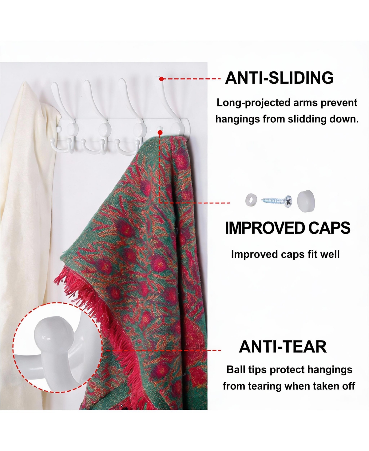 Yigii Heavy Duty 5-Tri Hook Wall Rack, Stainless Steel, White, Easy Install