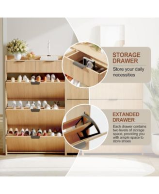 Wave Design Shoe Cabinet with 3 Slip Drawers, 2 Drawers, Raised Edges, and Fluted Details – Slim Hidden Wooden Shoe Organizer for Entryway