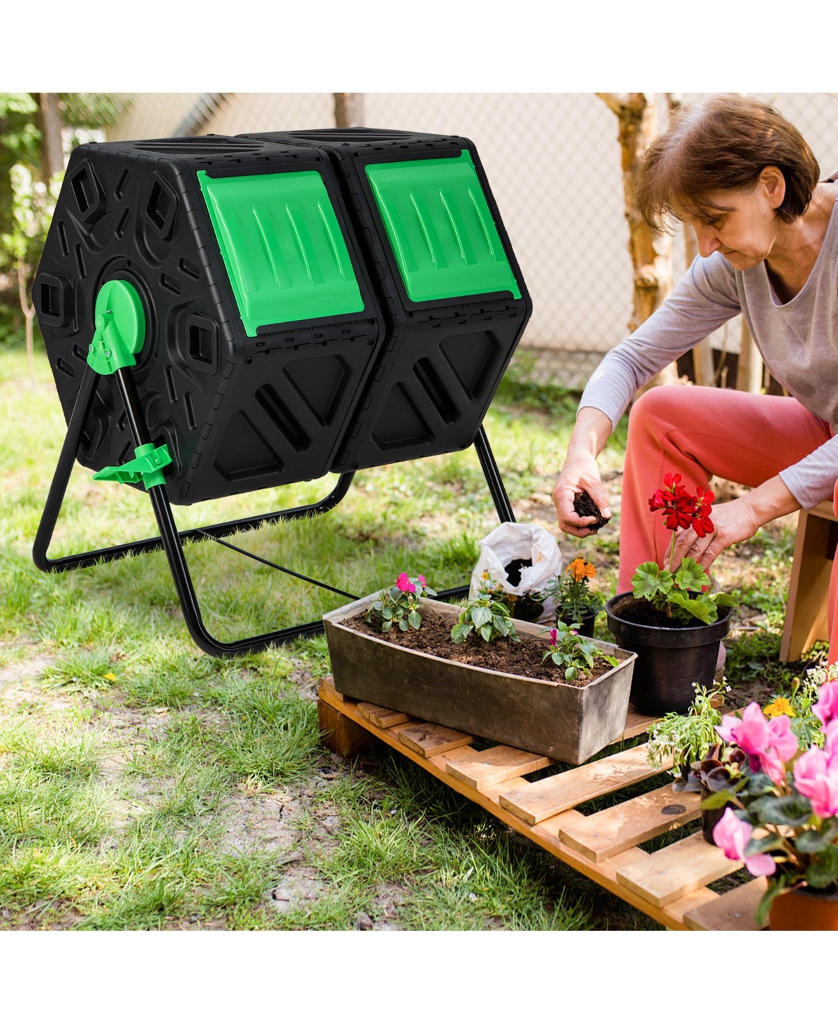 Costway Dual Chamber Compost Tumbler Outdoor Rotating Chamber Compost Bin 34.5 Gallon