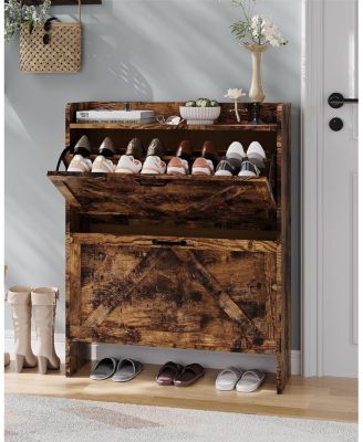 Shoe Storage Organizer with 2 Flip Drawers, Rustic Brown Farmhouse Shoe Cabinet for Entryway, Foyer, or Hallway