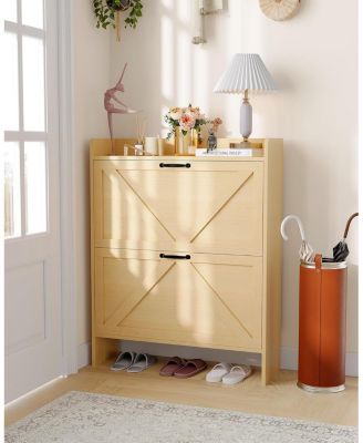 Shoe Storage Organizer with 2 Flip Drawers, Rustic Brown Farmhouse Shoe Cabinet for Entryway, Foyer, or Hallway