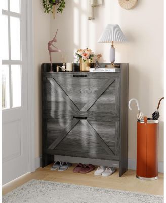 Shoe Storage Organizer with 2 Flip Drawers, Rustic Brown Farmhouse Shoe Cabinet for Entryway, Foyer, or Hallway