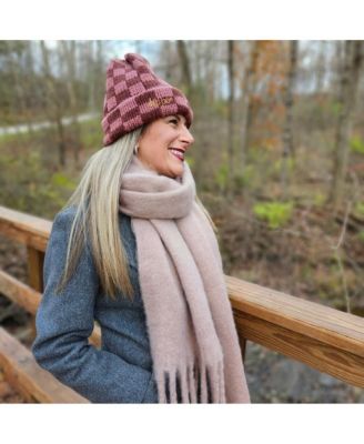 Women's Two-Tone Checkerboard Knit Beanie - Pink + Brown