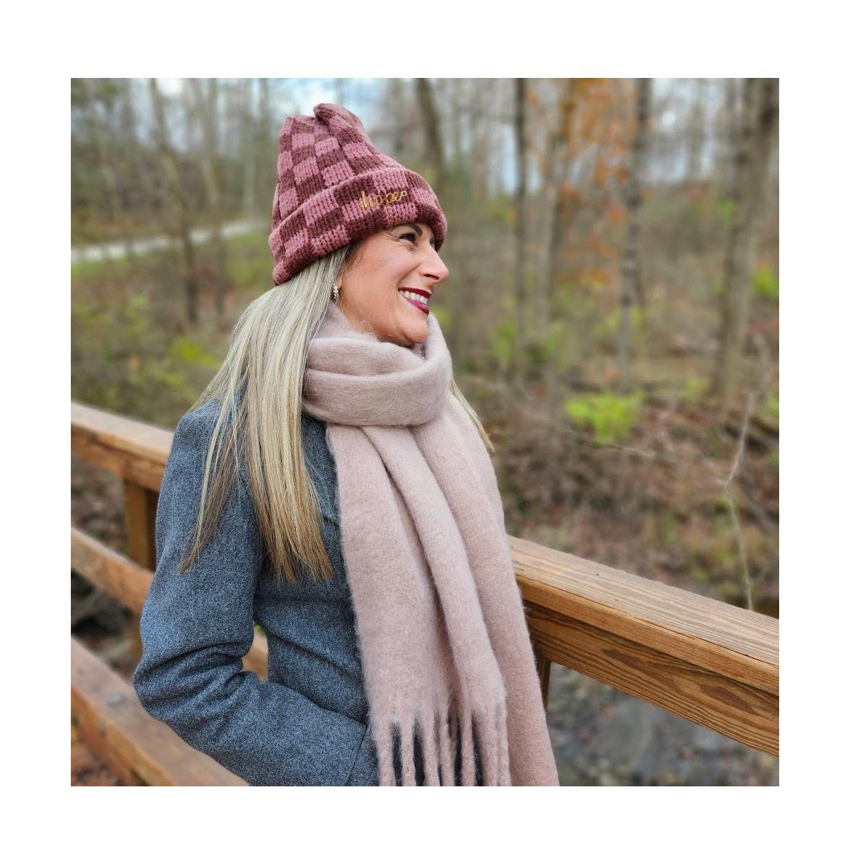 Headbands of Hope Women's Two-Tone Checkerboard Knit Beanie - Pink + Brown