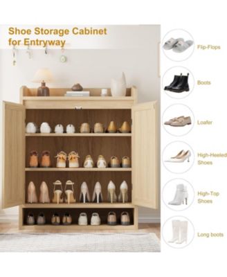 Rattan Shoe Cabinet with 2 Doors, Wooden Organizer with Adjustable Shelves