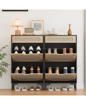 Rattan Shoe Cabinet with 2 Flip Drawers, Pull-Out Drawer & Adjustable Shelf, Oak