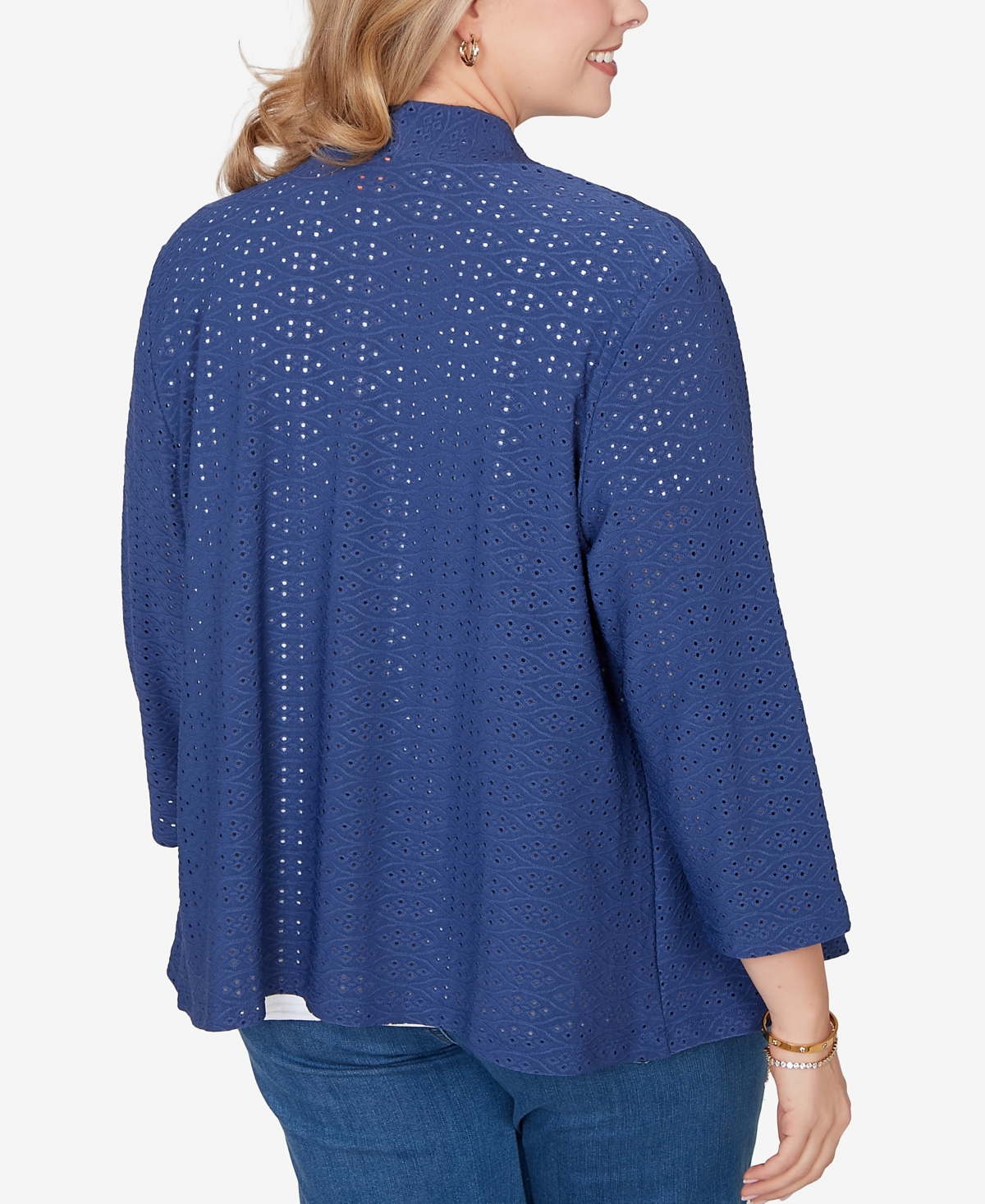 Hearts Of Palm Plus Solid Eyelet Cascade Cardigan with 3/4 Sleeve