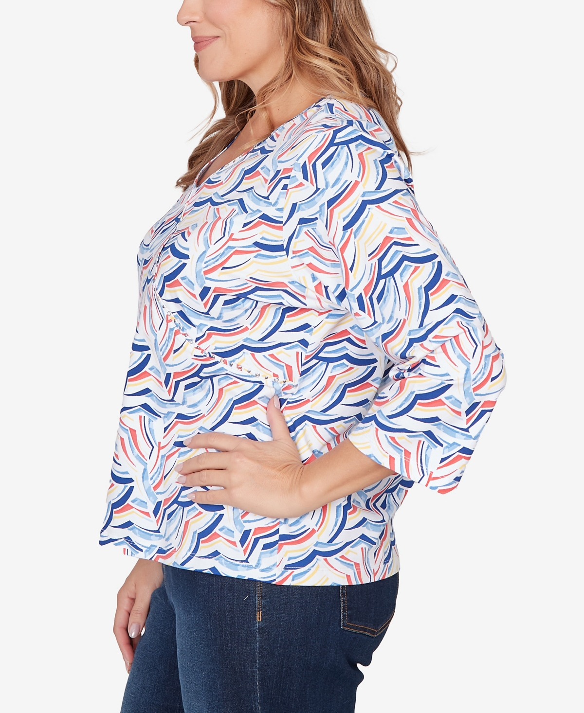 Hearts Of Palm Plus Printed Jersey Surplice 3/4 Sleeve Top