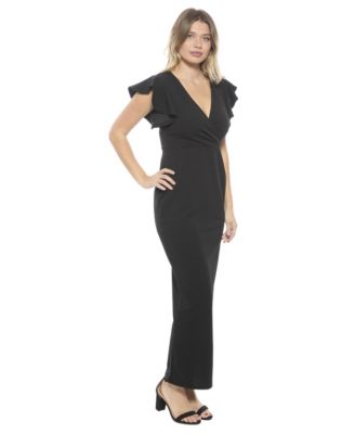 Women's Solid V-Neck Tulip Hem Ruffle Sleeve Faux Wrap Maxi Dress