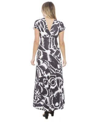Women's Abstract V-Neck Empire Waist Cap Sleeve Maxi Dress