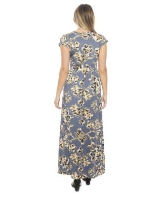 Women's Floral V-Neck Cap Sleeve Side Slit Pocket Maxi Dress