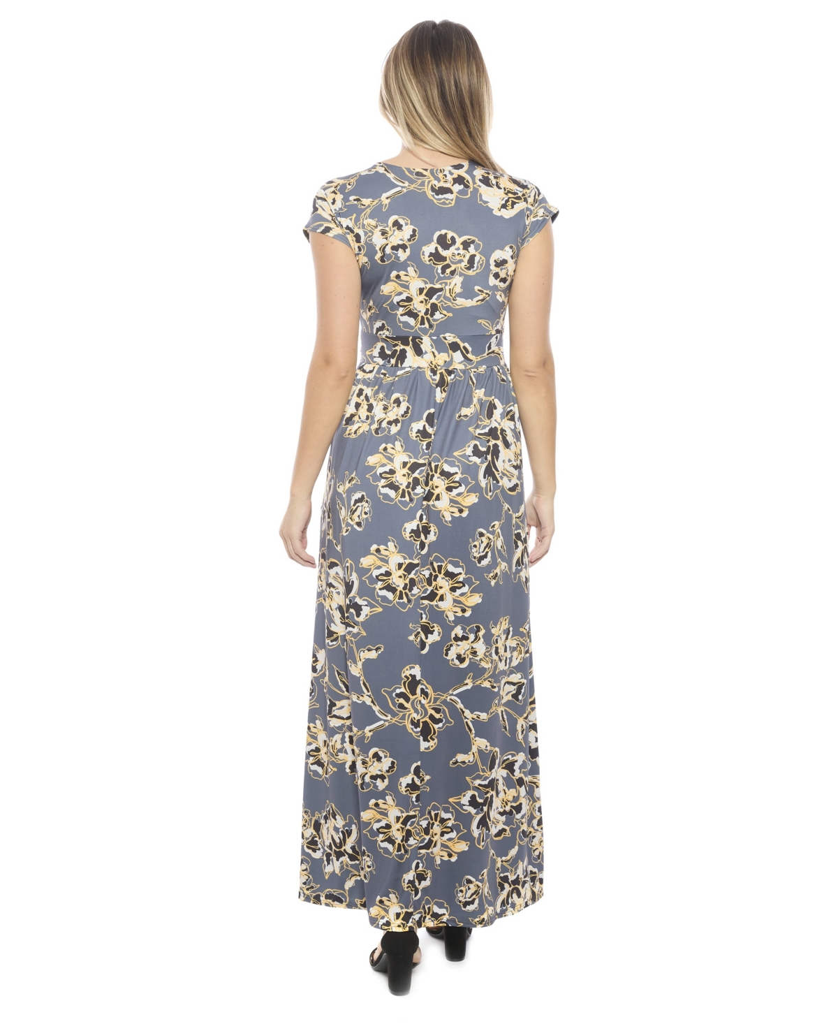 24seven Comfort Apparel Women's Floral V-Neck Cap Sleeve Side Slit Pocket Maxi Dress