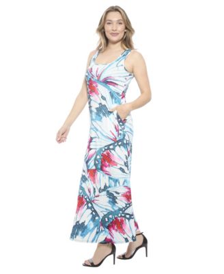 Women's Butterfly Sleeveless Scoop Neck A-Line Pocket Maxi Dress