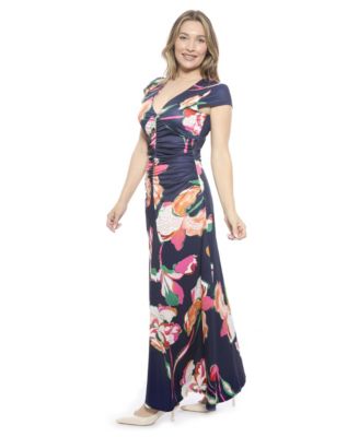 Women's Floral V-Neck Cap Sleeve Ruched Front Maxi Length Dress