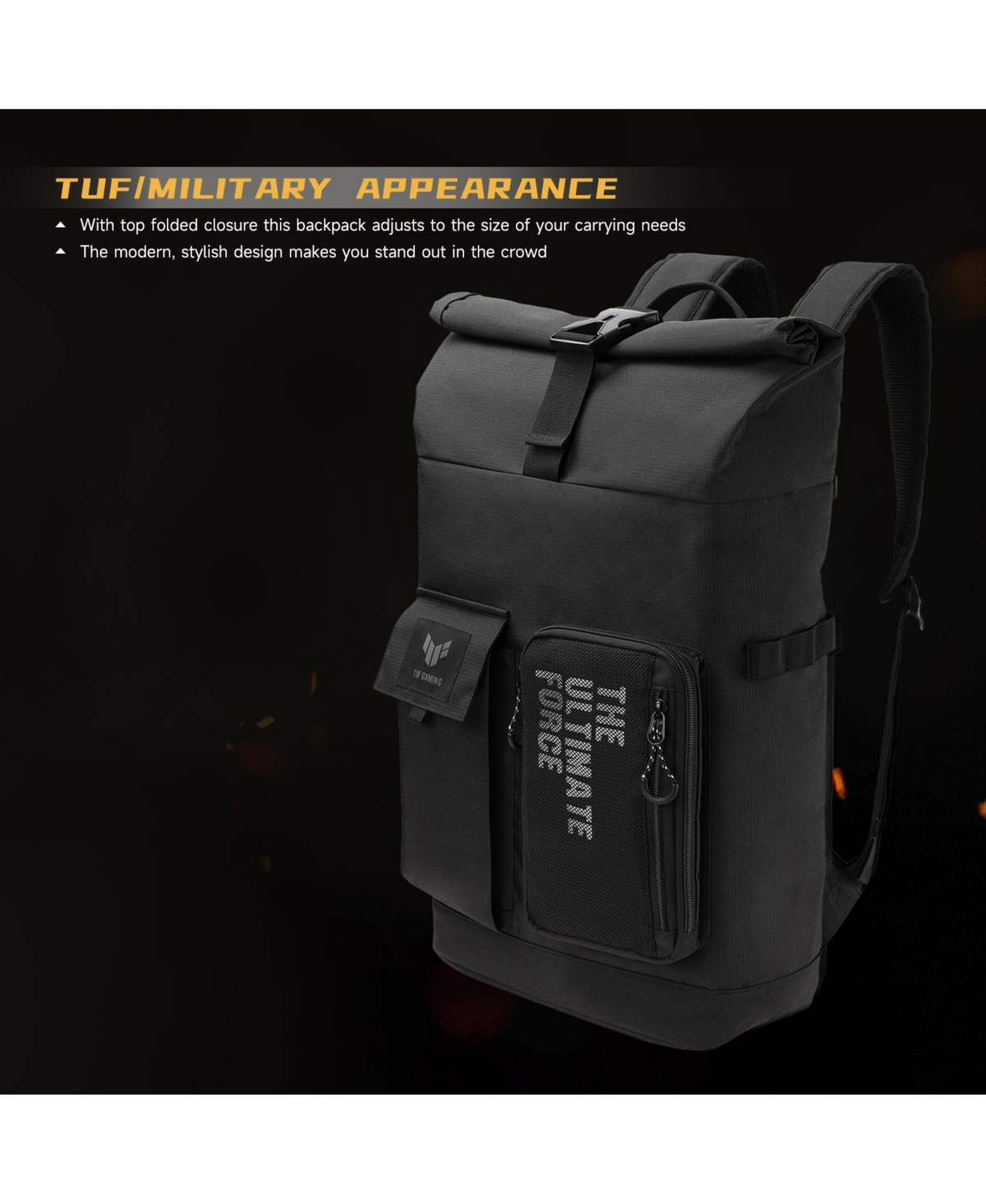 Asus Tuf Gaming VP4700 Backpack, up to 17" laptop, with top folded closure to resize, light weight and durable water repellent for daily usage