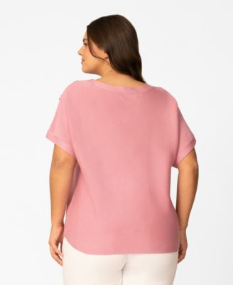 Plus Size Vertical Rib Button Short-Sleeve Sweater