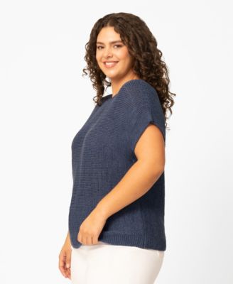 Plus Size Button Back Tape Yarn Short-Sleeve Knit Sweater