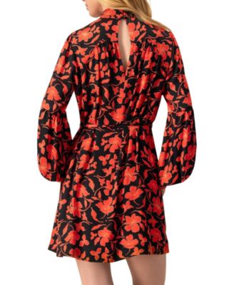 Women's Mini Dress with Red Floral Print and Drawstring Waist