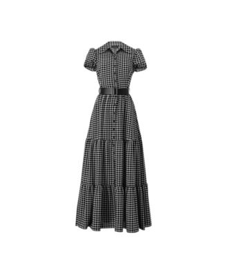 Women's Check Maxi Dress with Puff Sleeves