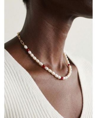 18K Gold-Plated Freshwater Pearl Choker Necklace with Red Heart Accents