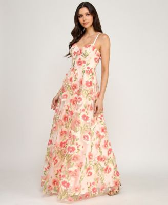 Juniors' Strappy Corseted Sequin Floral Ball Gown