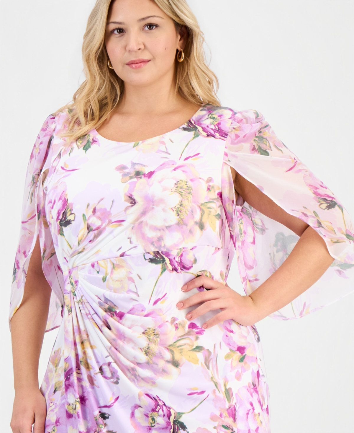 Connected Plus Size Printed Cape-Sleeve Sarong Dress
