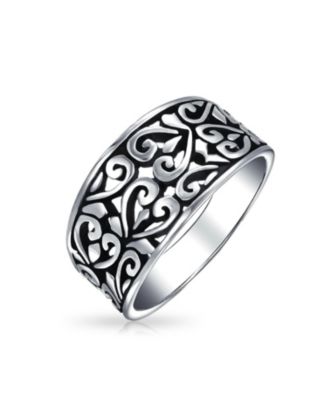 Vine Scroll Oxidized .925 Sterling Silver Open Swirl Leaf Heart Wide Band Ring