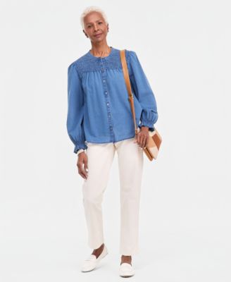 Women's Cotton Chambray Smocked Blouse