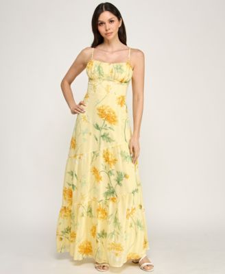 Juniors' Sleeveless Bungee Back Asymmetrical Maxi Dress