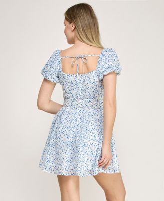 Juniors' Short Puff-Sleeve Drop Waist Dress