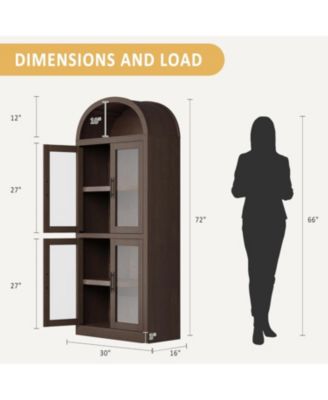 71.6" Arched Display Cabinet, 5-Tier Arched Bookcase with Glass Doors, Bookshelf, Kitchen Pantry, Modern Fluted Wooden Storage
