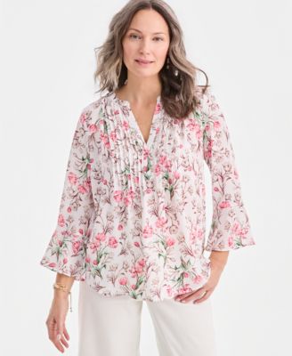 Women's Printed Pintuck Ruffle Sleeve Top