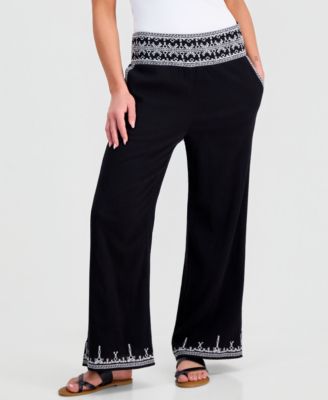 Petite Embroidered-Trim Wide-Leg Pants
