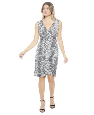 Women's Cheetah V-Neck Sleeveless Faux Wrap Tulip Hem Midi Dress