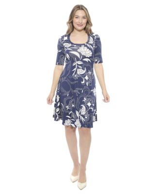 Women's Floral Scoop Neck Elbow Sleeve Knee Length A-Line FlaDress