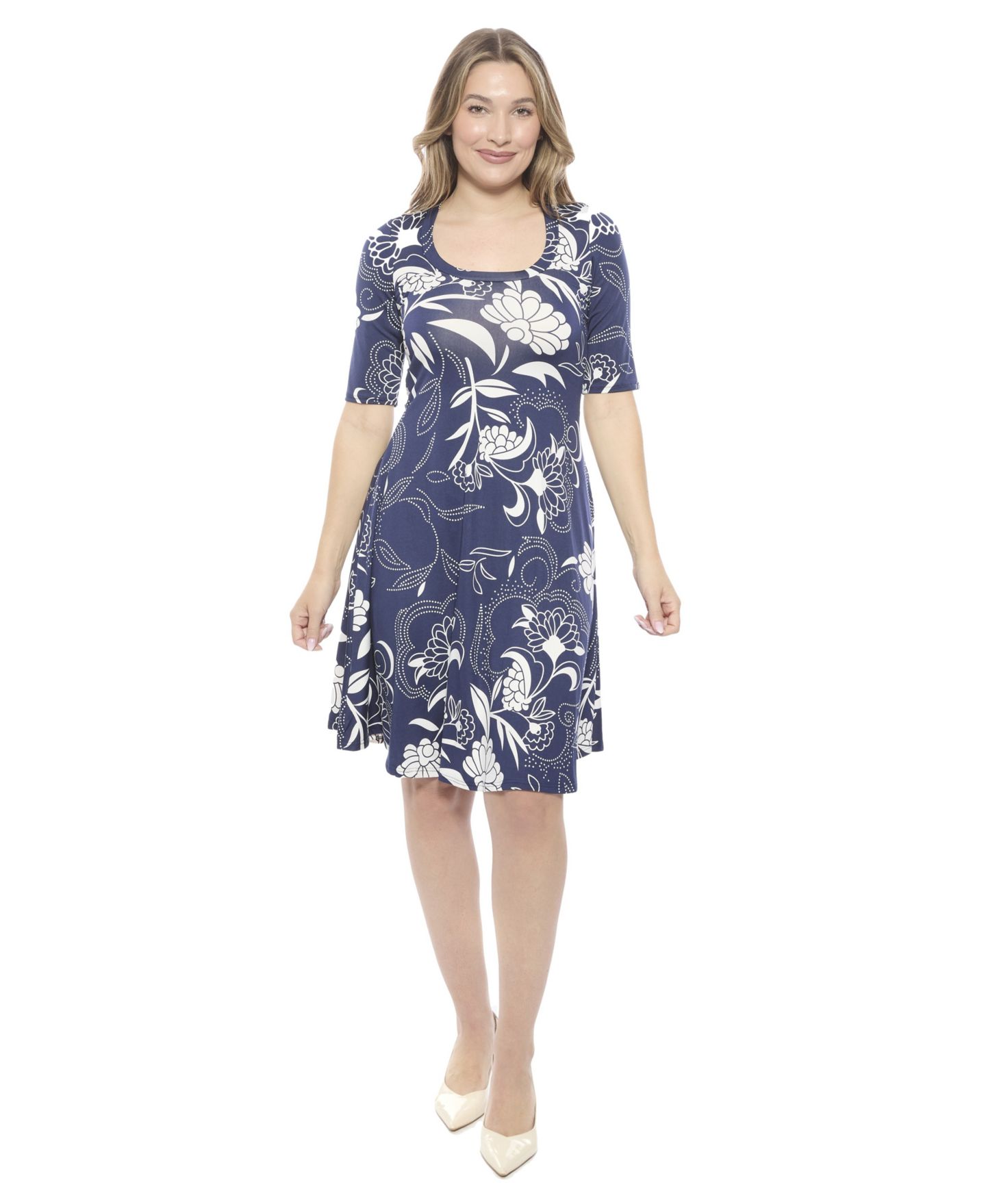 24seven Comfort Apparel Women's Floral Scoop Neck Elbow Sleeve Knee Length A-Line FlaDress, цвет: С принтом — фото 1