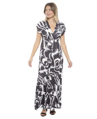 Women's Abstract V-Neck Empire Waist Cap Sleeve Maxi Dress