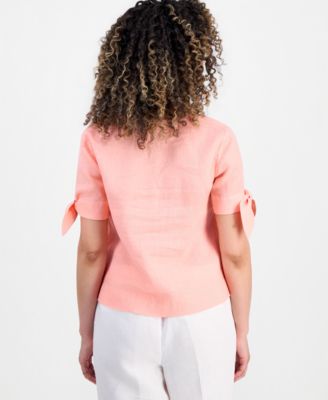 Petite 100% Linen Split-Neck Tie Sleeve Top