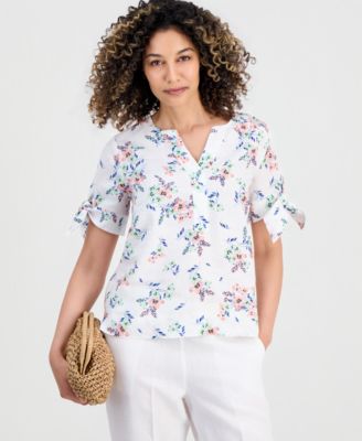 Petite Linen Shannons Garden Tie-Sleeve Top