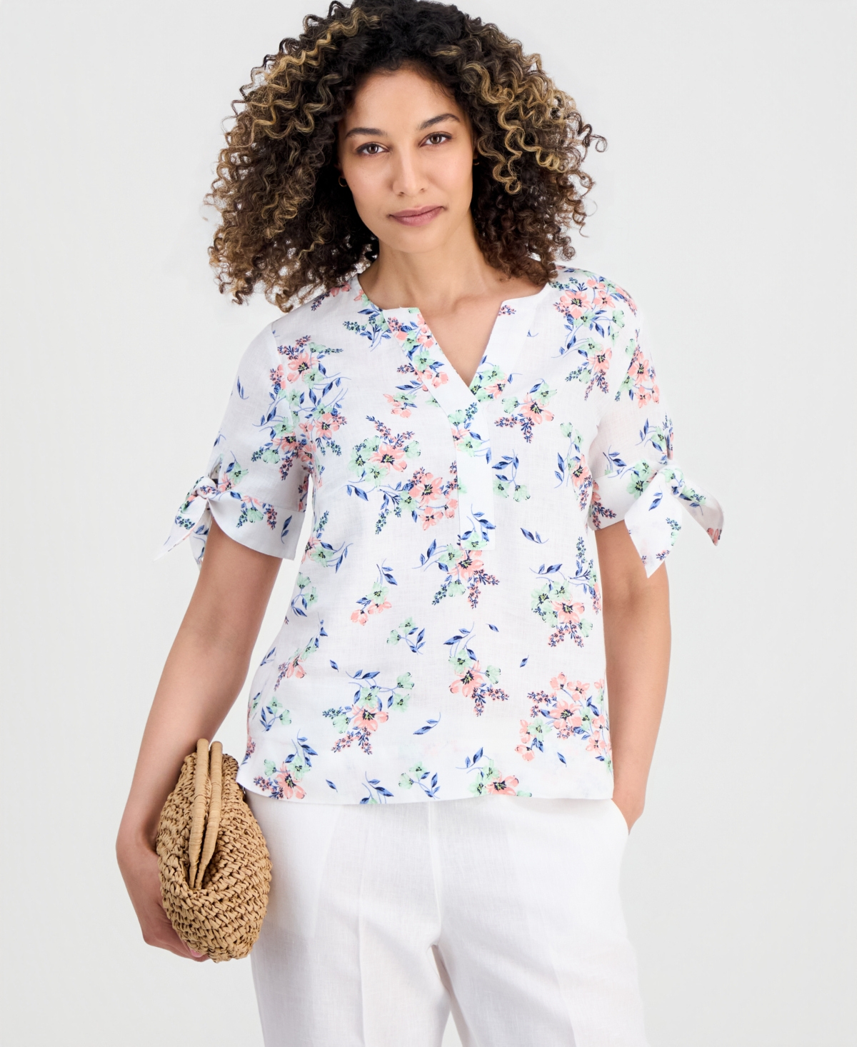 Charter Club Petite Linen Shannons Garden Tie-Sleeve Top, Macy's Exclusive