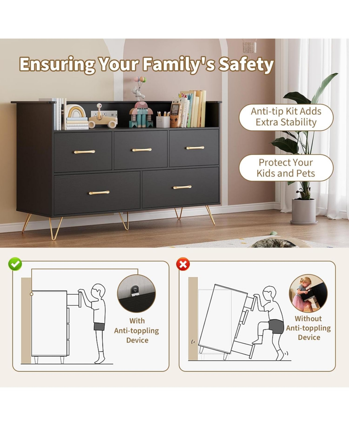 gaomon 5 Drawer Dresser for Bedroom, 47 Modern Wooden with Led Lights Charging Station, Wide Chest of Drawers Storage Organizer Nursery