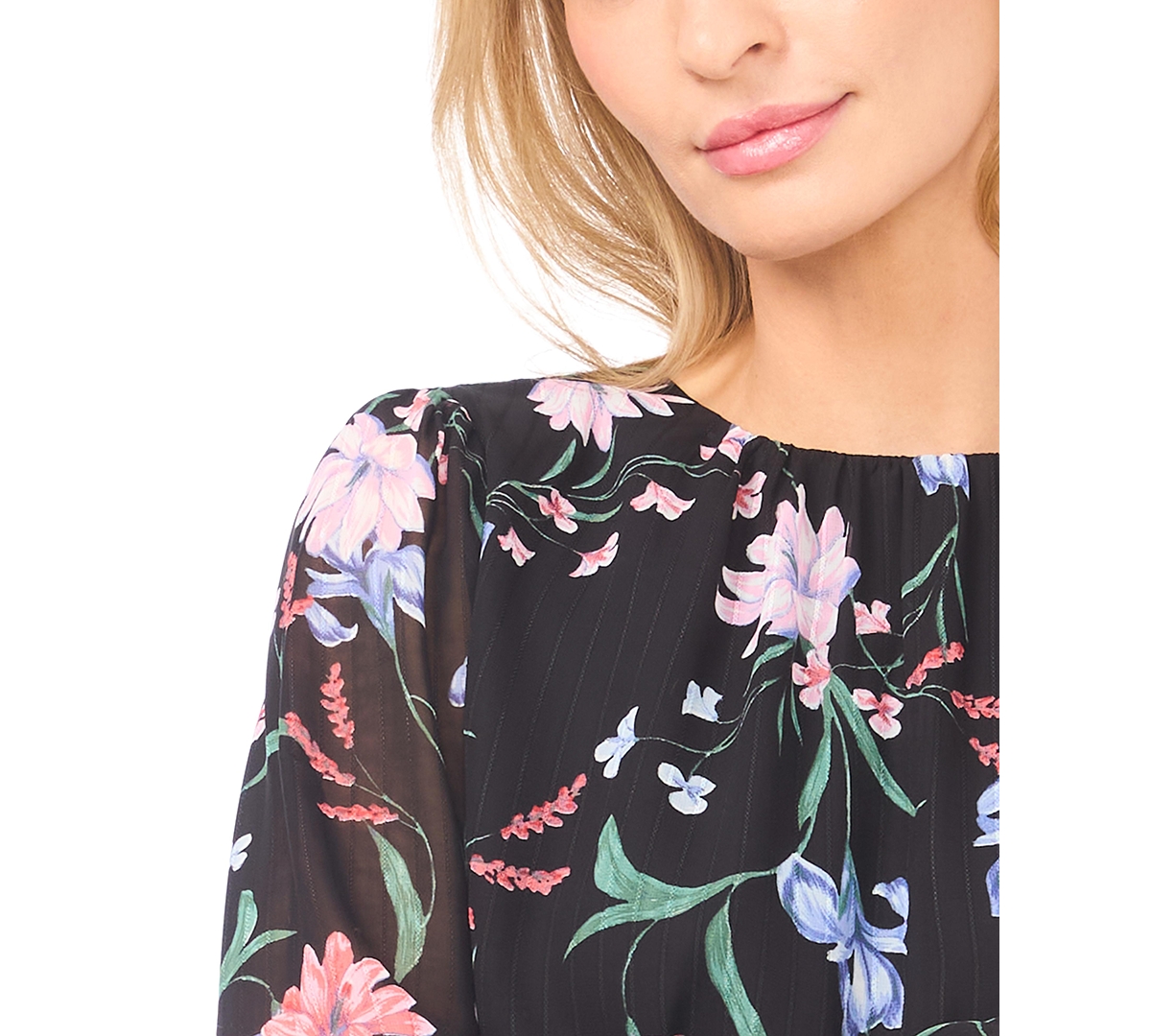 CeCe Women's Smocked Cuff Crewneck Blouse