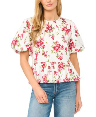 Women's Puff Sleeve Shirred Crewneck Peplum Top