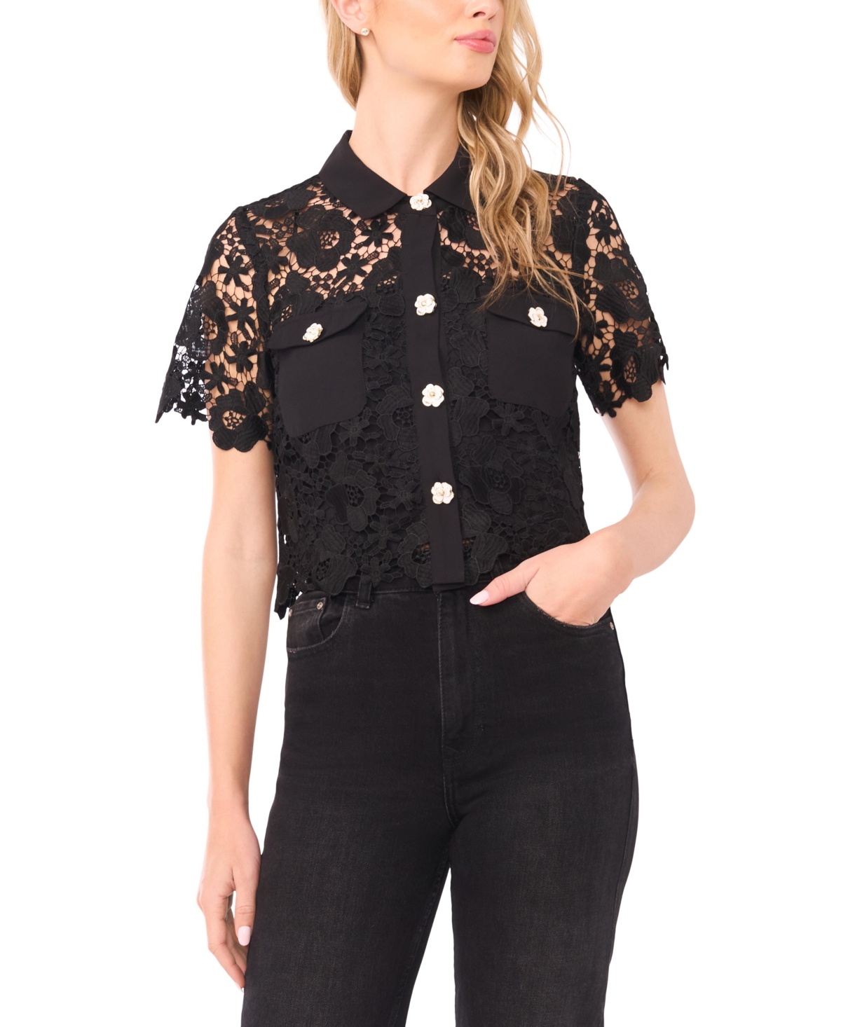 CeCe Women's Collared Neck Short-Sleeve Top - Rich Black