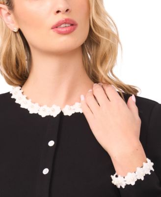 Women's Crochet Floral Trim Detail Crewneck Cardigan